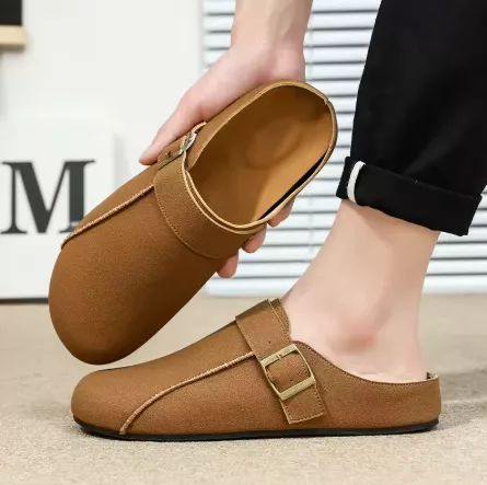 Men  Suede Leather Clogs – Adjustable Buckle Cork Mules pic 4
