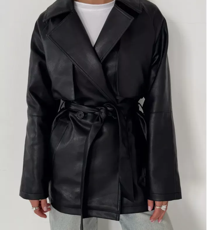 Women Long PU Leather Trench Coat โ Elegant Black Jacket pic 3