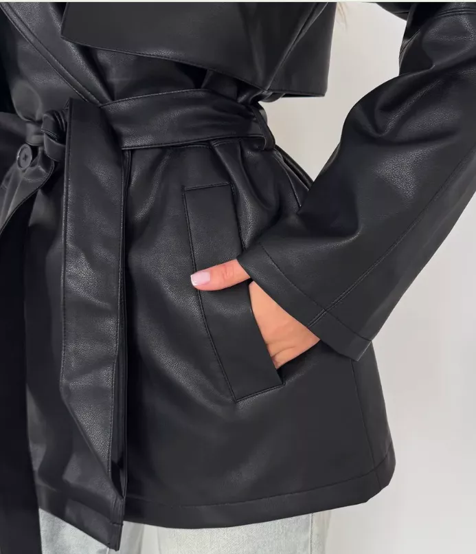 Women Long PU Leather Trench Coat โ Elegant Black Jacket pic 4