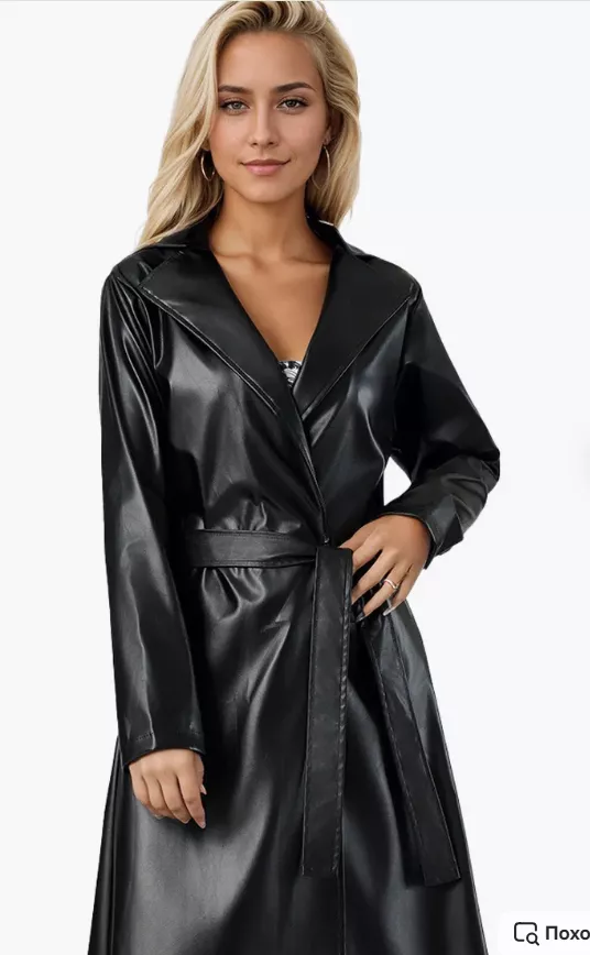 Women  Long Faux PU Leather Trench Coat – Black Loose Fit Jacket