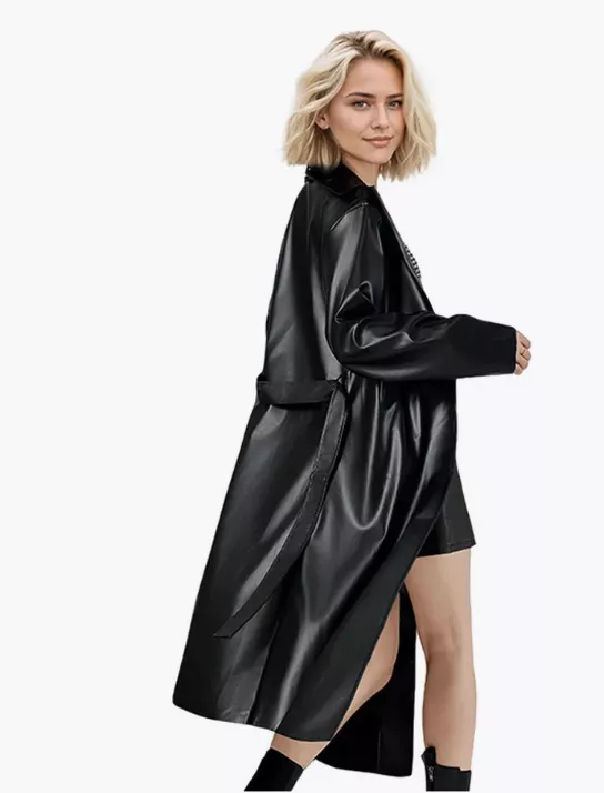 Women  Long Faux PU Leather Trench Coat – Black Loose Fit Jacket