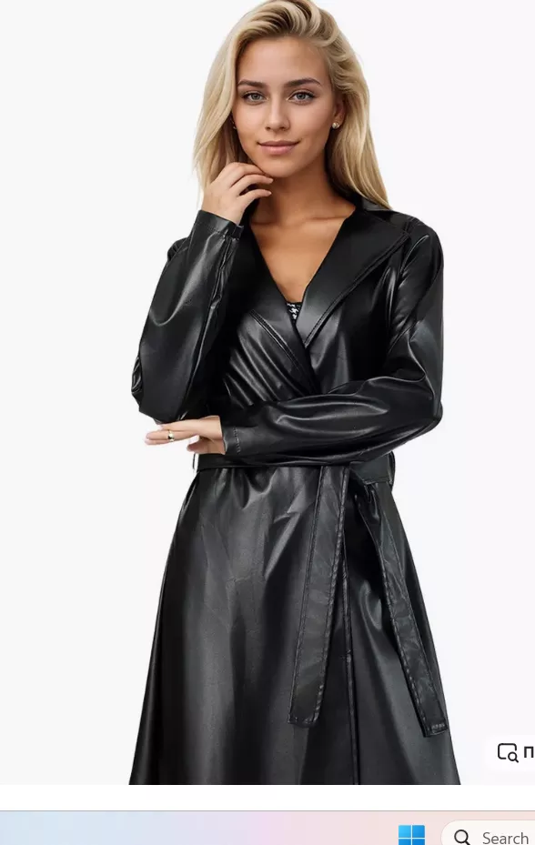 Women  Long Faux PU Leather Trench Coat – Black Loose Fit Jacket pic 3