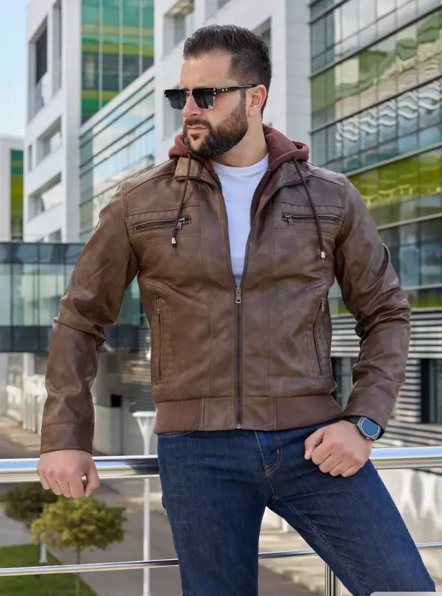 Men  Hooded PU Leather Jacket – Warm Autumn Winter Casual Style 02